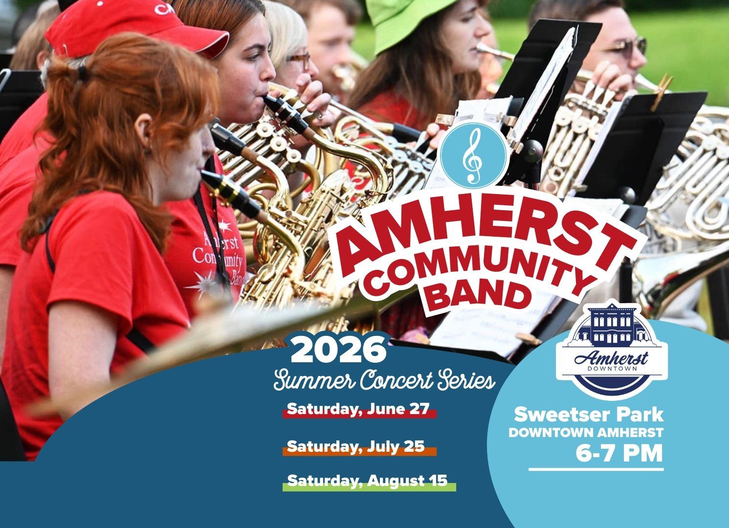 A collage listing the Amherst Community Band Concert dates for 2026: June 27, July 25, August 15